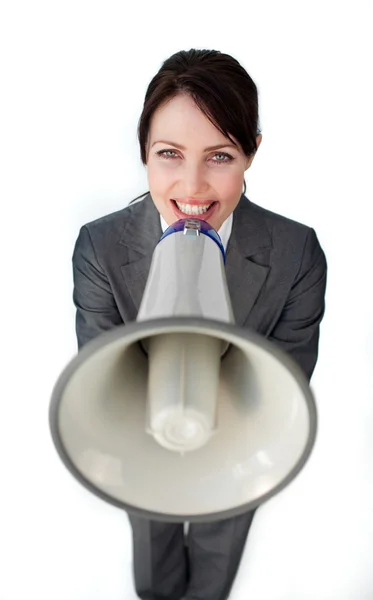 Donna d'affari positiva utilizzando un megafono — Foto Stock