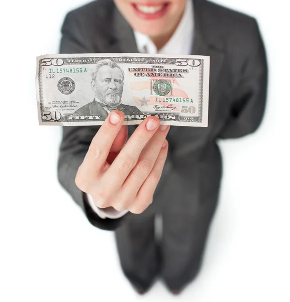 Detail podnikatelka drží bankovek — Stock fotografie