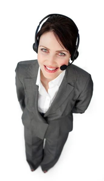 Agente de servicio al cliente confiable usando un auricular — Foto de Stock