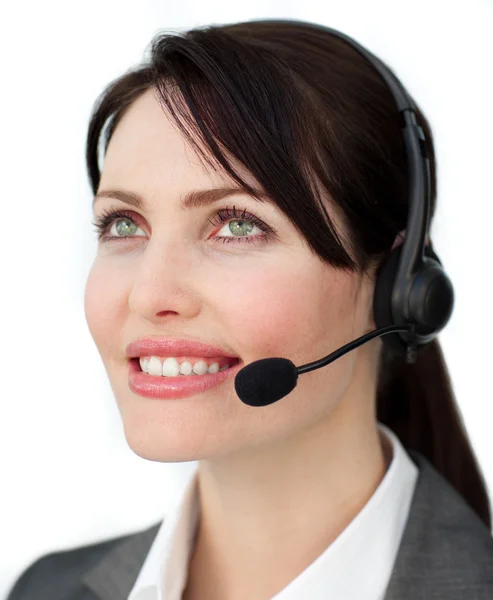 Světlé zákazníkům služby agent pomocí headsetu — Stock fotografie
