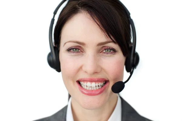 Heldere vrouwelijke uitvoerend met headset — Stockfoto