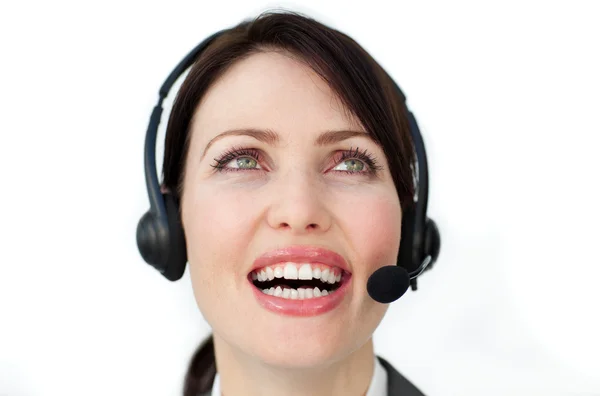 Sugárzó üzletasszony fülhallgató használata — Stock Fotó