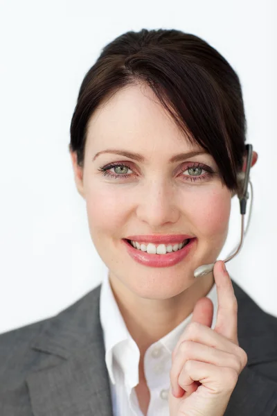 Glowing businesswoman with headset — Stock Photo, Image