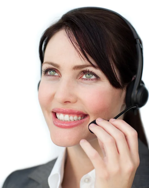 Agente de servicio al cliente positivo con auriculares — Foto de Stock