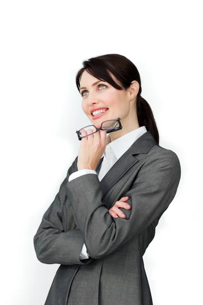 Позитивна бізнес-леді тримає окуляри — стокове фото