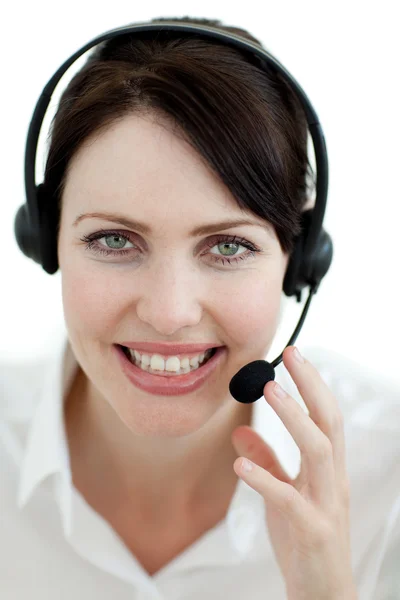 Smiling customer service agent with headset on — Stok Foto
