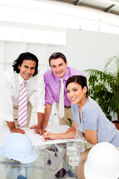 Three architect co-workers studying plans — Stock Photo, Image