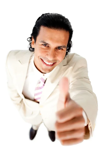 Smiling young businessman with thumb up — Stock Photo, Image