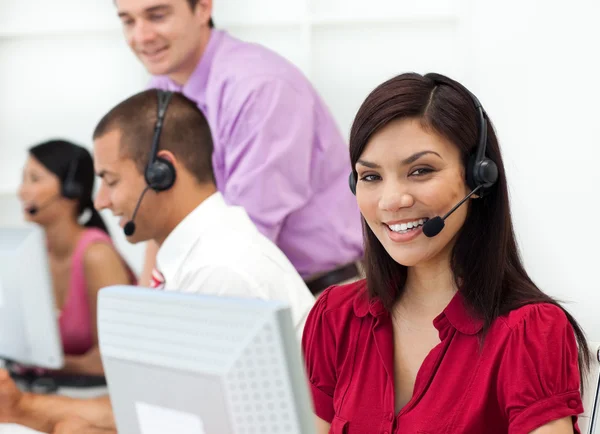 Positive Customer service representative using headset — Stock Photo, Image