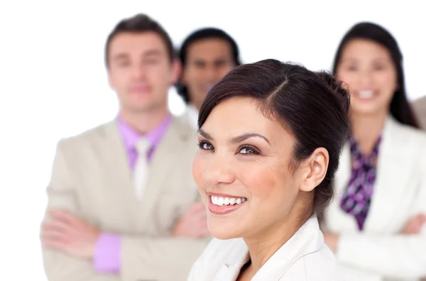Brunette female executive presenting her team — Stock Photo, Image