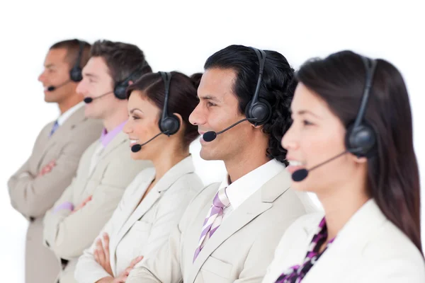 Vertrouwen bedrijf team met hoofdtelefoon op voering — Stockfoto