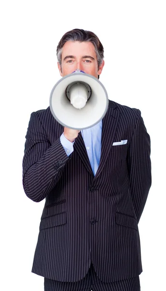 Empresário confiante remando através de um megafone — Fotografia de Stock