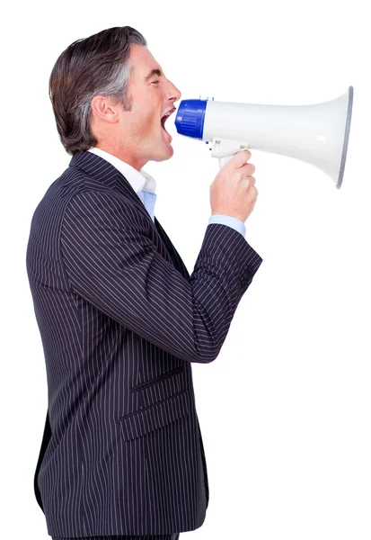Aantrekkelijke zakenman roeien via een megafoon — Stockfoto