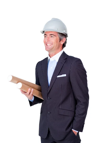Arquiteto sorridente usando um chapéu duro — Fotografia de Stock