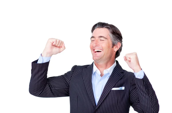 Successful businessman punching the air in celebration — Stock Photo, Image