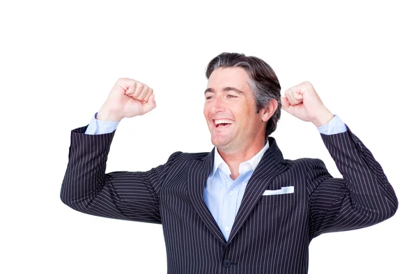 Atractivo hombre de negocios golpeando el aire celebrando una victoria — Foto de Stock