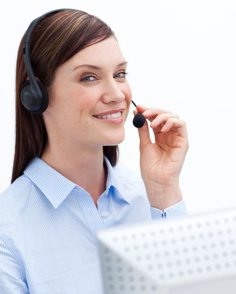 Attractive businesswoman with headset on — Stock Photo, Image