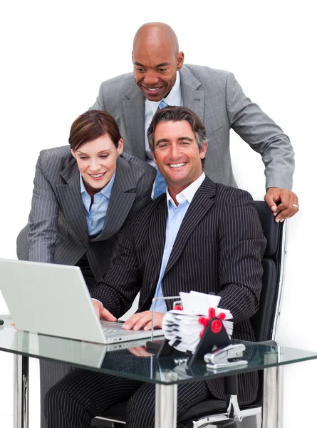 Jolly business team working at a computer — Stock Photo, Image