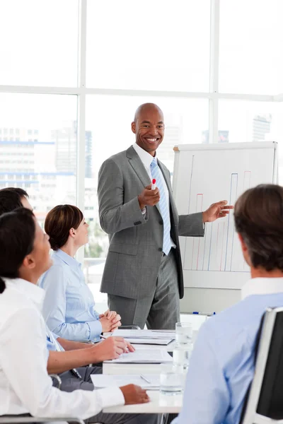 Afro-American businessman introducing stock market to his team — Stock Photo, Image