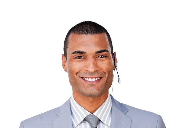 Uśmiechnięci młodych klientów usługi agenta z zestawu słuchawkowego — Zdjęcie stockowe