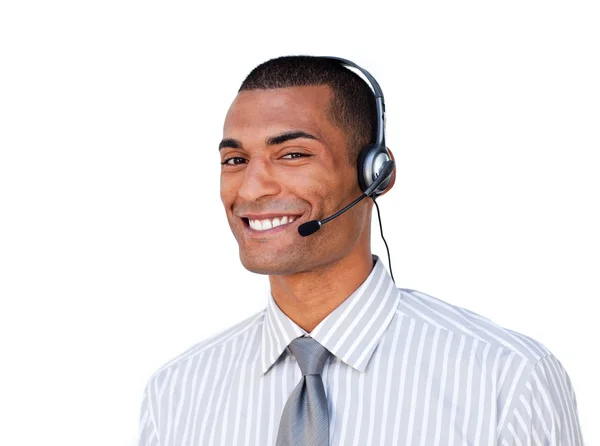 Atrakcyjny biznesmen z słuchawek z mikrofonem — Zdjęcie stockowe