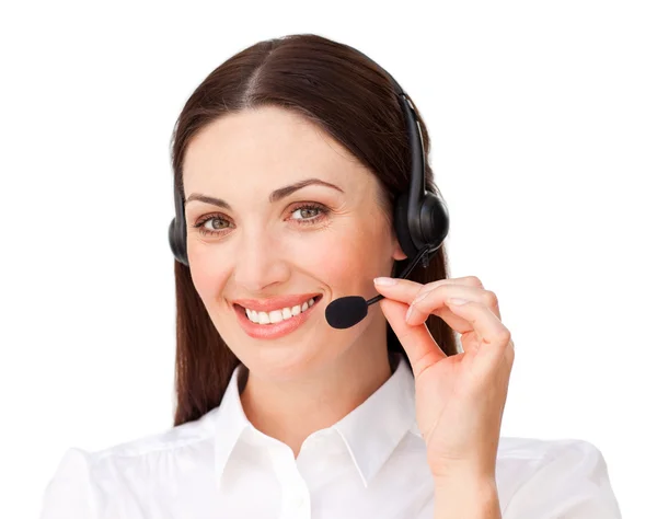 Young businesswoman with headset on — Stock Photo, Image