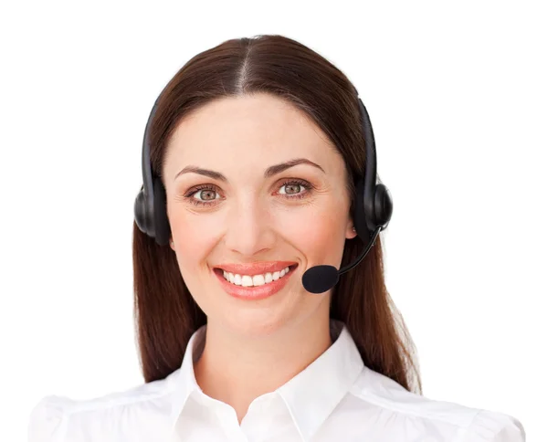 Confident businesswoman with headset on — Stock Photo, Image
