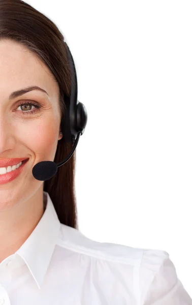 Confident businesswoman with headset on — Stock Photo, Image