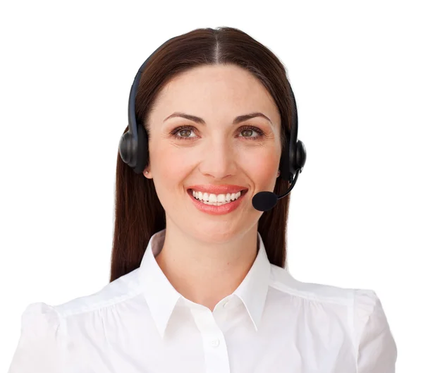 Sorrindo atraente empresária com fone de ouvido em — Fotografia de Stock
