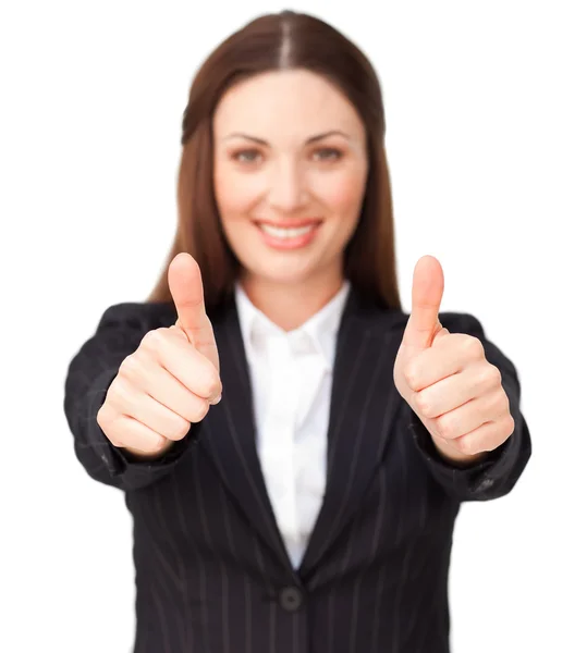 Young businesswoman with thumbs up — Stock Photo, Image