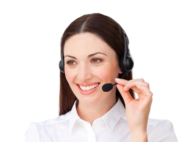 Aantrekkelijke zakenvrouw met hoofdtelefoon op — Stockfoto