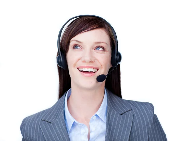 Lachen zakenvrouw met hoofdtelefoon op — Stockfoto