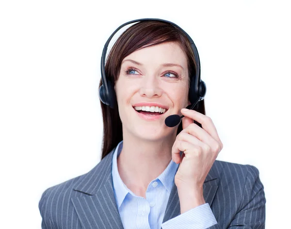 Portret van een jonge klantenservice met hoofdtelefoon op — Stockfoto