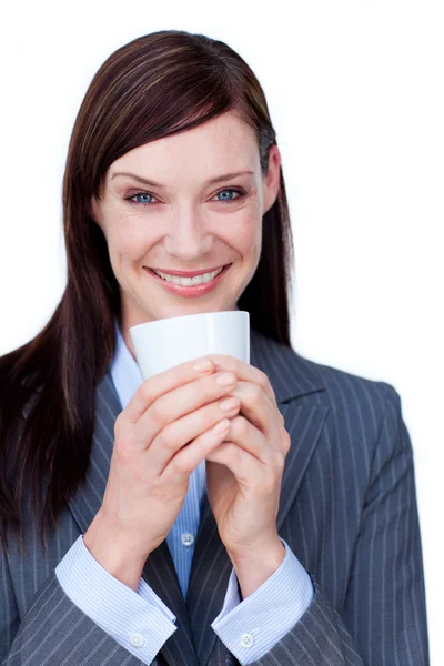 Rindo empresária beber um café — Fotografia de Stock