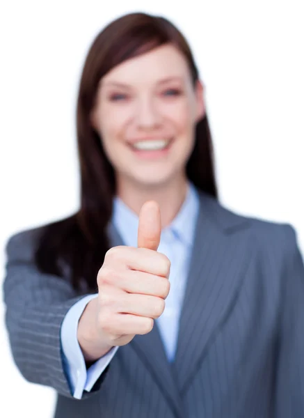 Portrait of an attractive businesswoman with thumb up — Stock Photo, Image