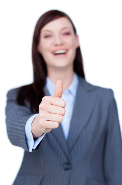 Сміється бізнес-леді з великим пальцем вгору — стокове фото