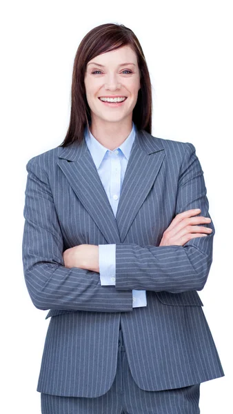 Lachen zakenvrouw met gevouwen armen — Stockfoto