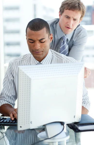 Empresários concentrados num computador — Fotografia de Stock