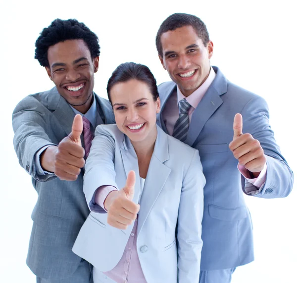 Close-up of happy business team with thumbs up — Stock Photo, Image