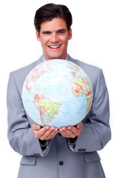 Charismatische zakenman houden een terrestrische globe Stockfoto