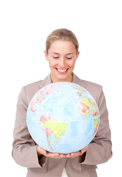 Visionär affärskvinna leende på global business expansion — Stockfoto