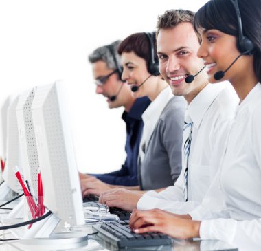 Confident customer service representatives with headset on clipart