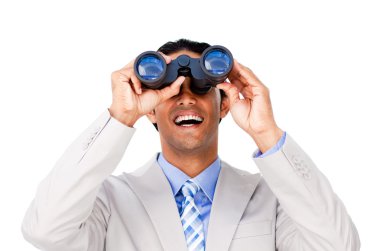 Happy businessman looking through binoculars clipart