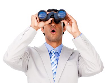 Surprised businessman looking through binoculars clipart