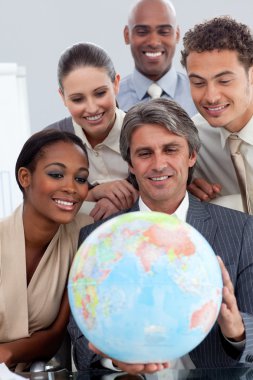 International business group smiling at global business expansio clipart