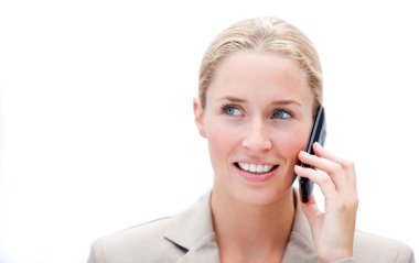 Portrait of a caucasian businesswoman talking on phone clipart