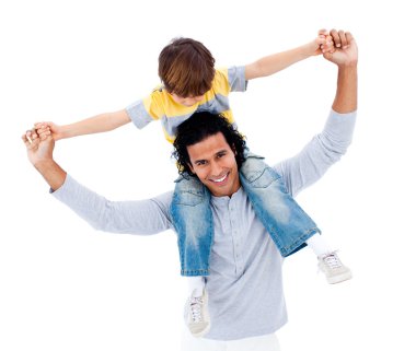 Cute little boy on his father's shoulders clipart