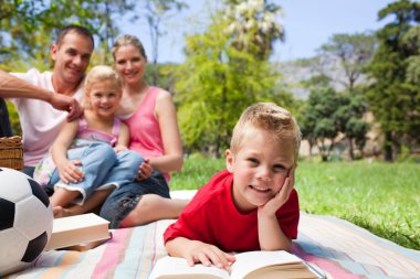 Little boy reading lying on a picnic tablecloth clipart