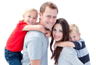 Portrait of joyful family enjoying piggyback ride against a whit clipart