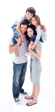 Cheerful parents giving their children piggyback ride clipart